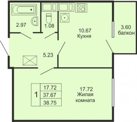 Однокомнатная квартира 38.75 м²