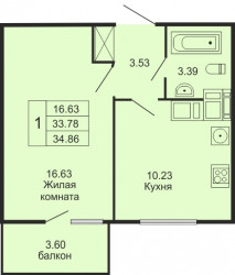 Однокомнатная квартира 34.86 м²