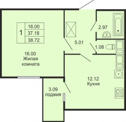 Однокомнатная квартира 38.72 м²