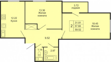 Двухкомнатная квартира 59.52 м²