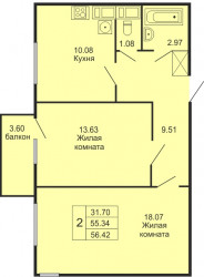 Двухкомнатная квартира 56.42 м²