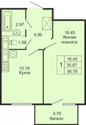 Однокомнатная квартира 36.78 м²